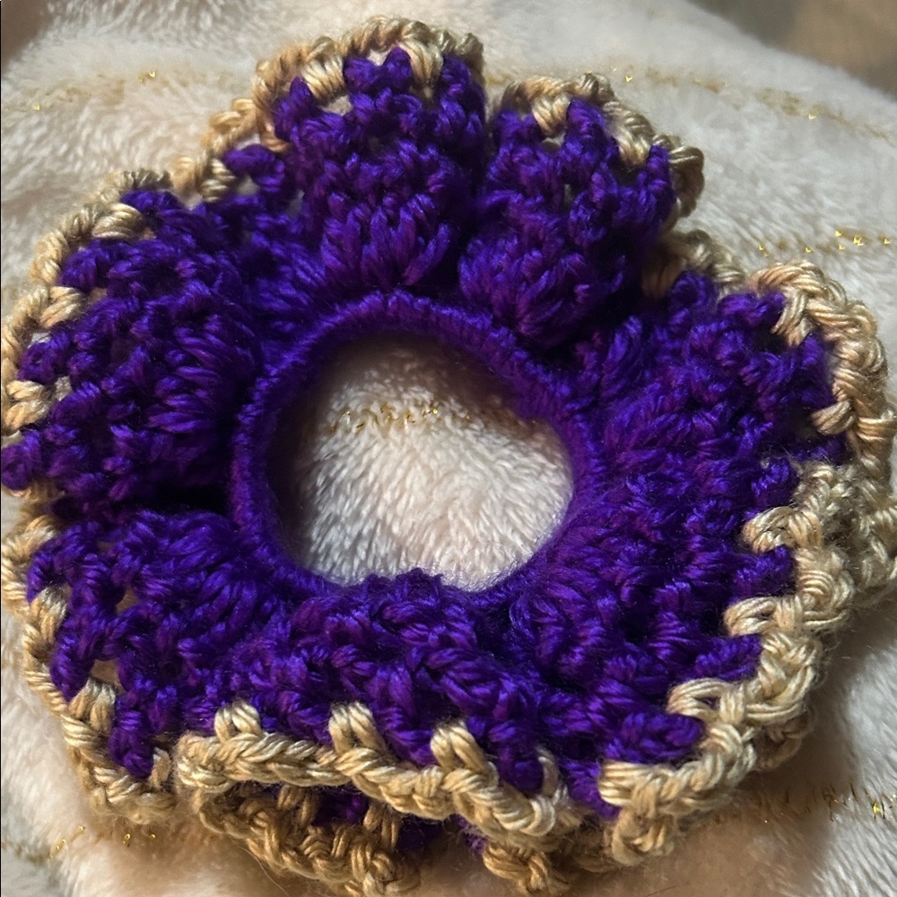 Crochet Purple and Gold Hair Scrunchie